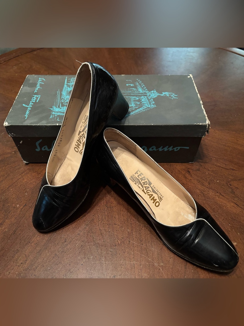 Salvatore Ferragamo Black Patent Leather Mid Block Heel Pumps - Vintage 70s